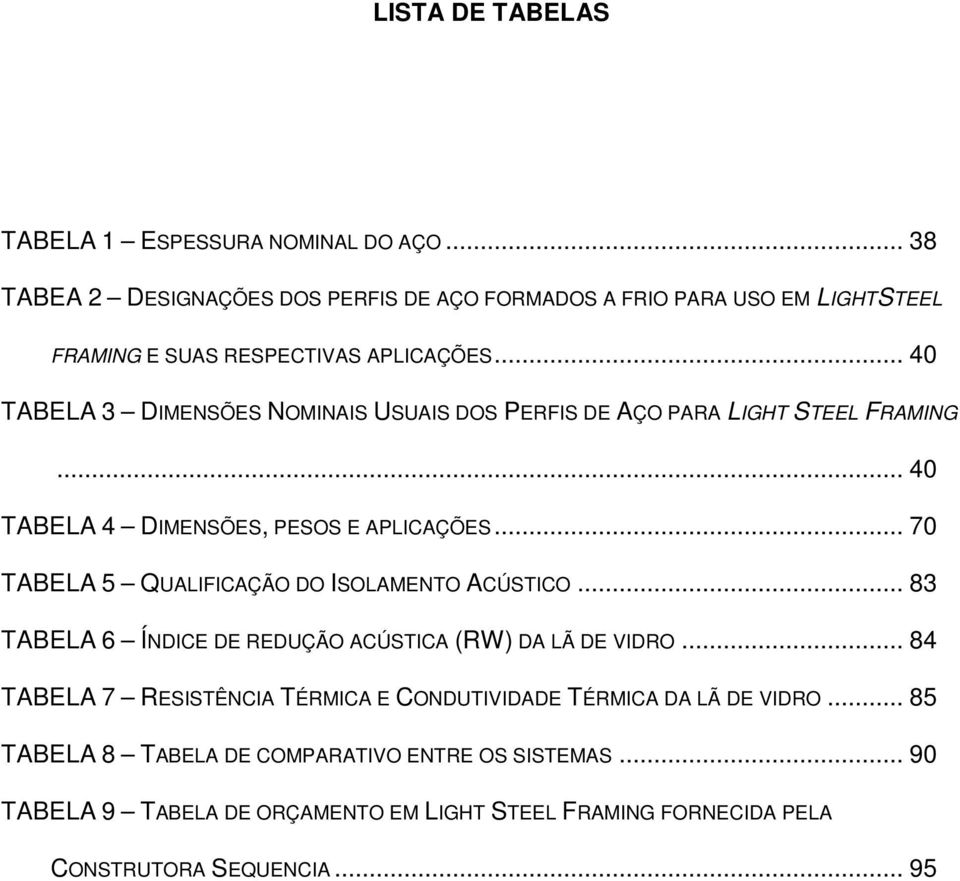 .. 40 TABELA 3 DIMENSÕES NOMINAIS USUAIS DOS PERFIS DE AÇO PARA LIGHT STEEL FRAMING... 40 TABELA 4 DIMENSÕES, PESOS E APLICAÇÕES.