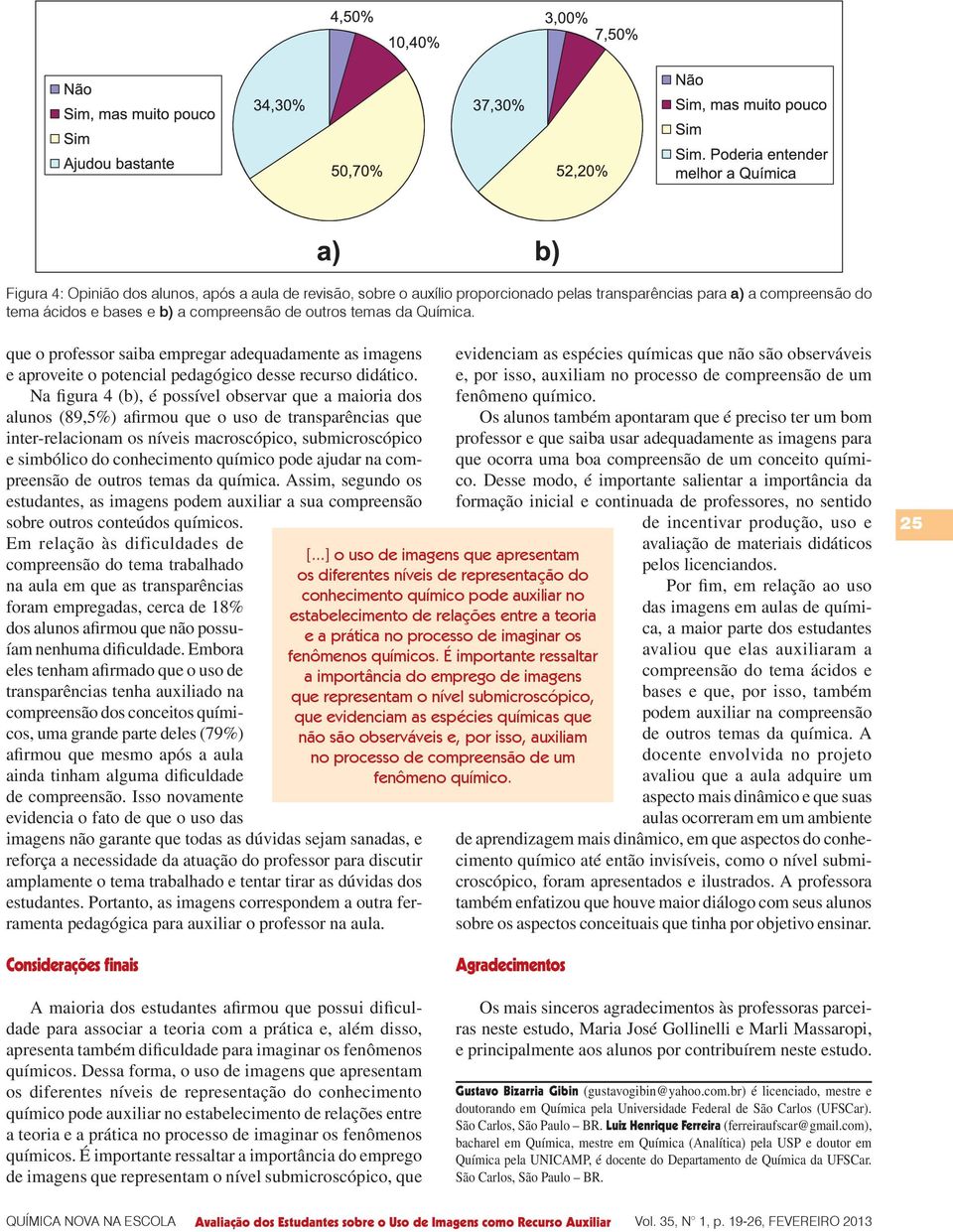 Na figura 4 (b), é possível observar que a maioria dos alunos (89,5%) afirmou que o uso de transparências que inter-relacionam os níveis macroscópico, submicroscópico e simbólico do conhecimento