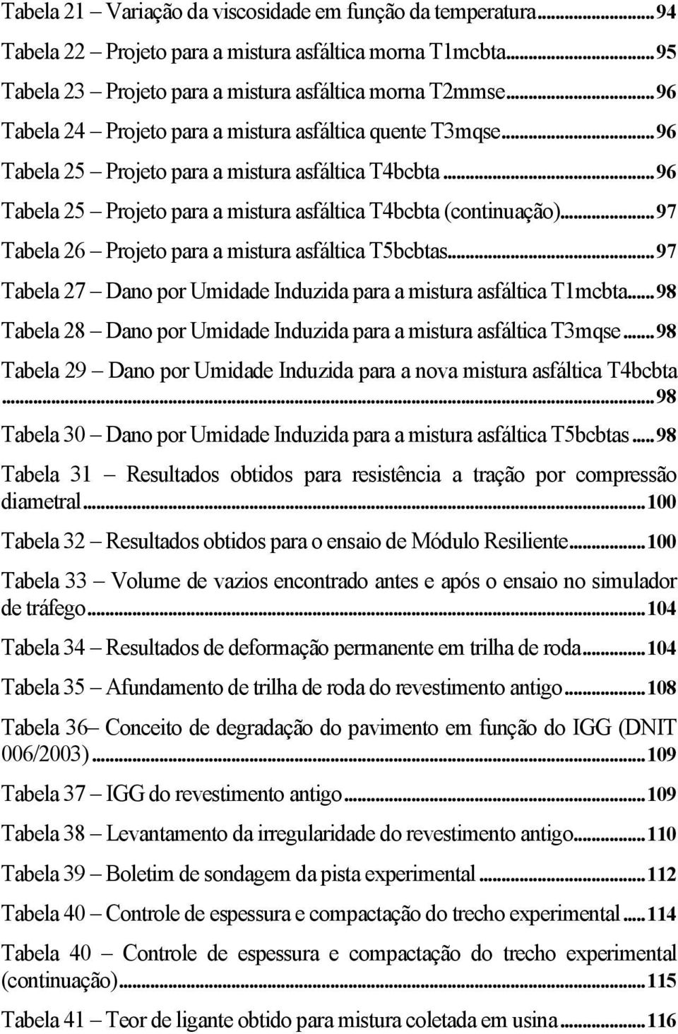 .. 97 Tabela 26 Projeto para a mistura asfáltica T5bcbtas... 97 Tabela 27 Dano por Umidade Induzida para a mistura asfáltica T1mcbta.