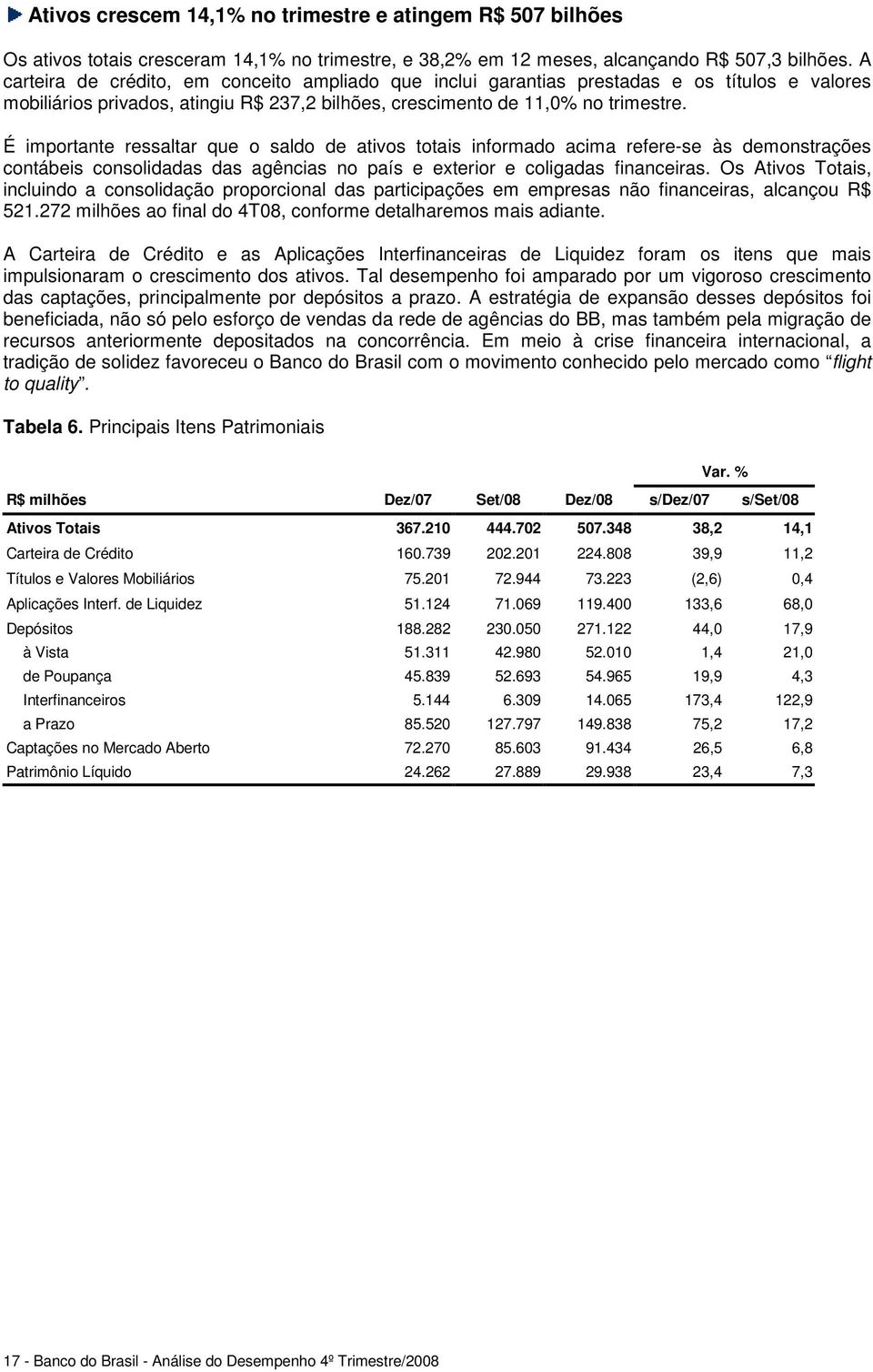 É importante ressaltar que o saldo de ativos totais informado acima refere-se às demonstrações contábeis consolidadas das agências no país e exterior e coligadas financeiras.