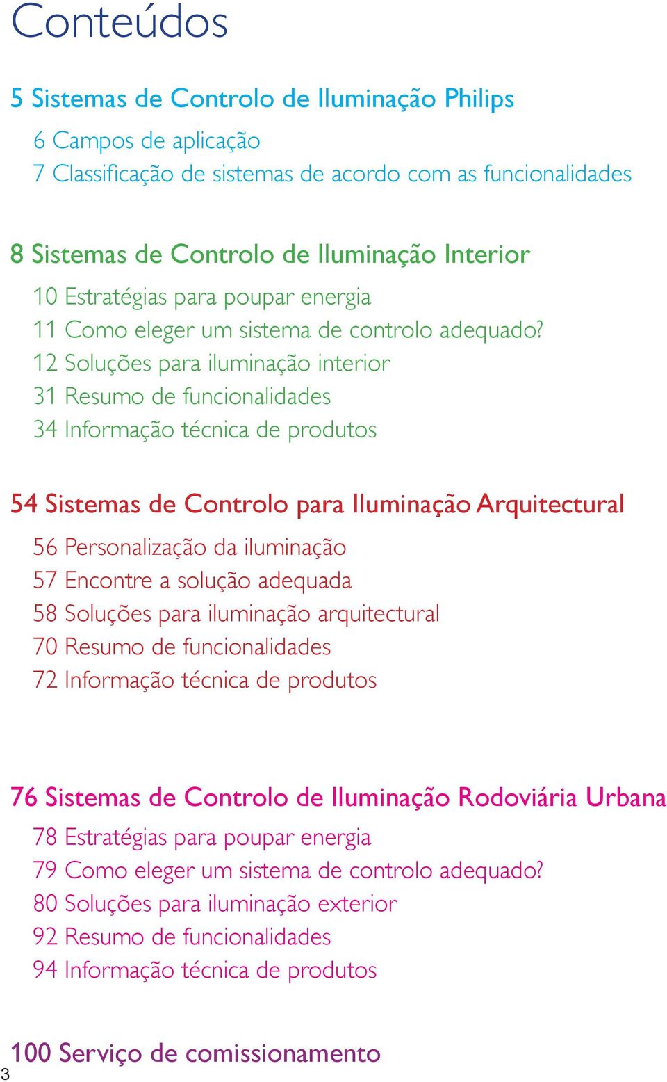 12 Soluções para iluminação interior 31 Resumo de funcionalidades 34 Informação técnica de produtos 54 Sistemas de Controlo para Iluminação Arquitectural 56 Personalização da iluminação 57 Encontre a