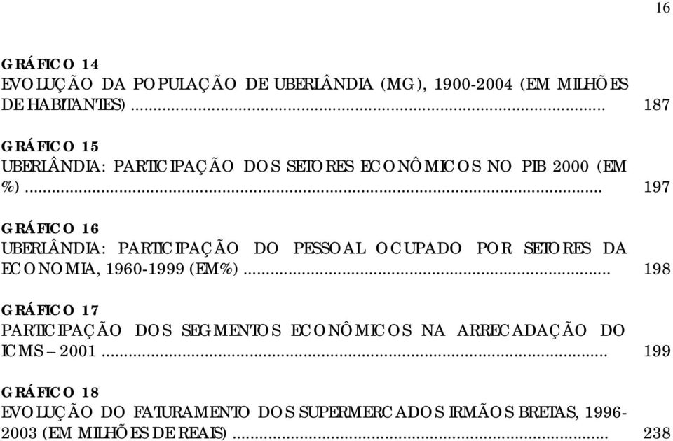 .. 197 GRÁFICO 16 UBERLÂNDIA: PARTICIPAÇÃO DO PESSOAL OCUPADO POR SETORES DA ECONOMIA, 1960-1999 (EM%).
