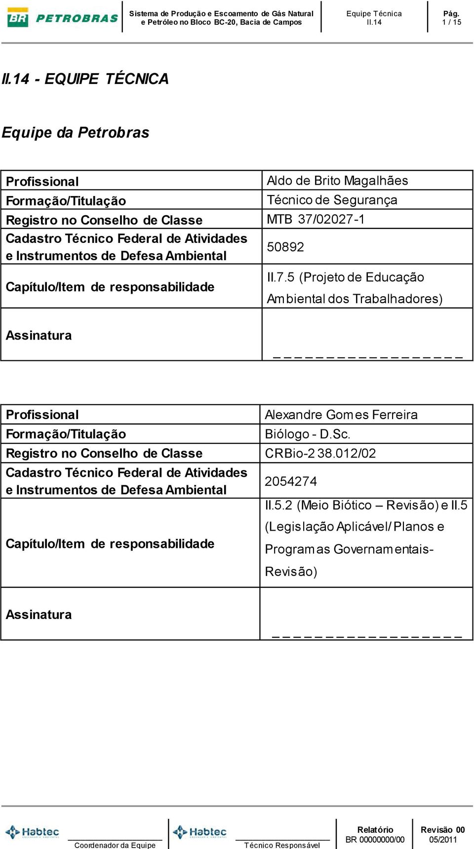 02027-1 50892 II.7.5 (Projeto de Educação Ambiental dos Trabalhadores) Alexandre Gomes Ferreira Biólogo - D.