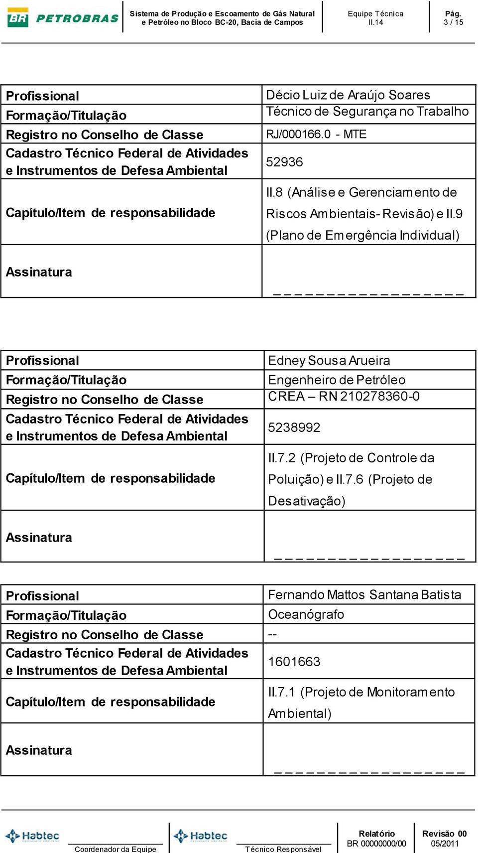 9 (Plano de Emergência Individual) Edney Sousa Arueira Engenheiro de Petróleo Registro no Conselho de Classe CREA RN 210278360-0