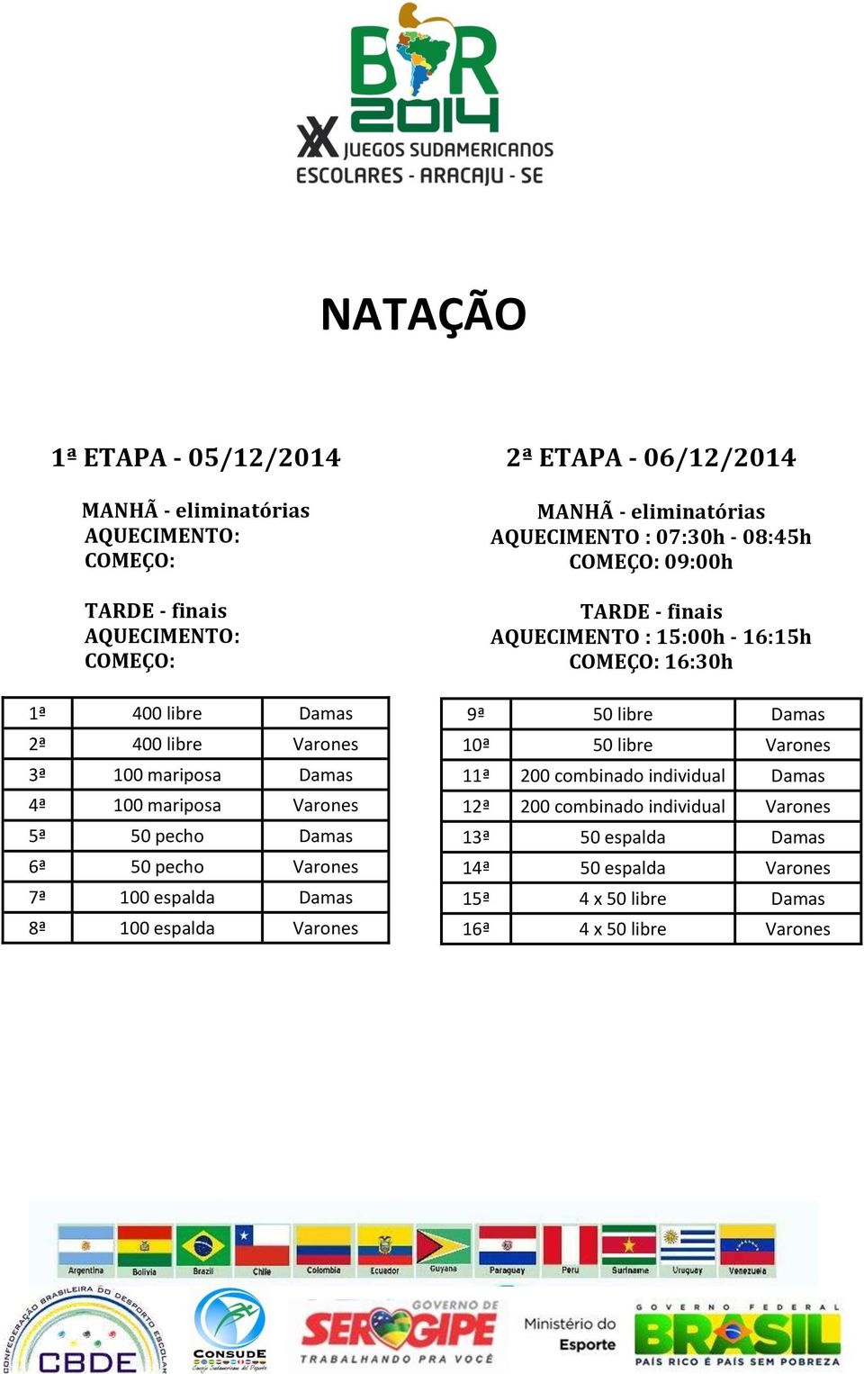 eliminatórias AQUECIMENTO : 07:30h - 08:45h COMEÇO: 09:00h TARDE - finais AQUECIMENTO : 15:00h - 16:15h COMEÇO: 16:30h 9ª 50 libre Damas 10ª 50 libre