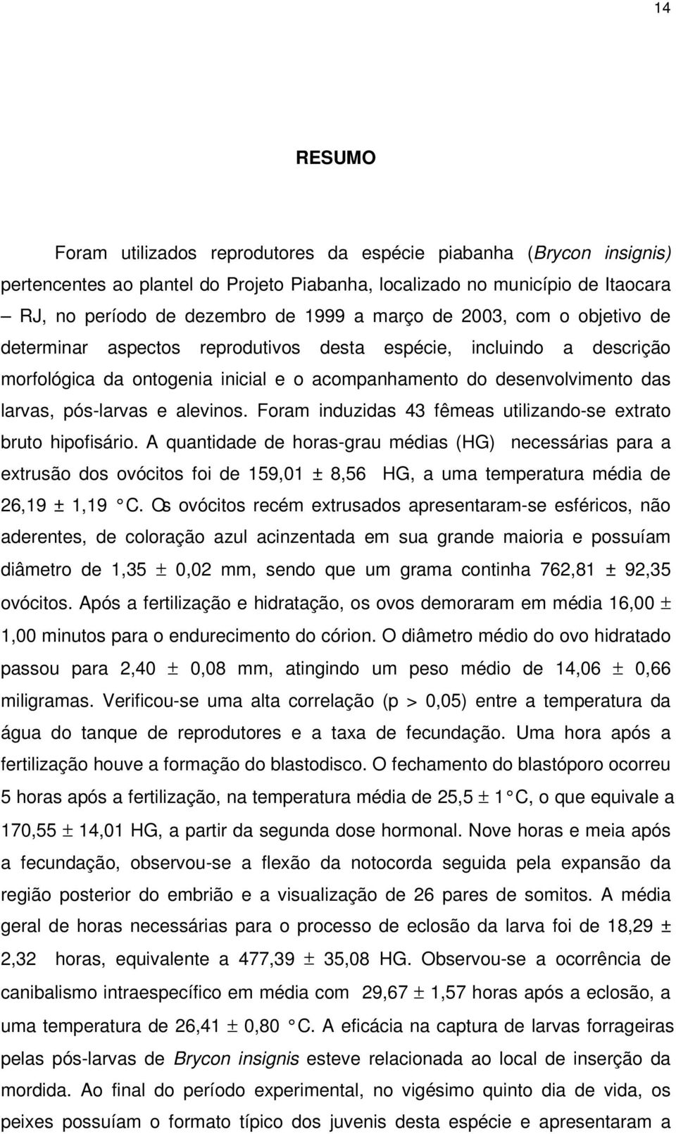 alevinos. Foram induzidas 43 fêmeas utilizando-se extrato bruto hipofisário.