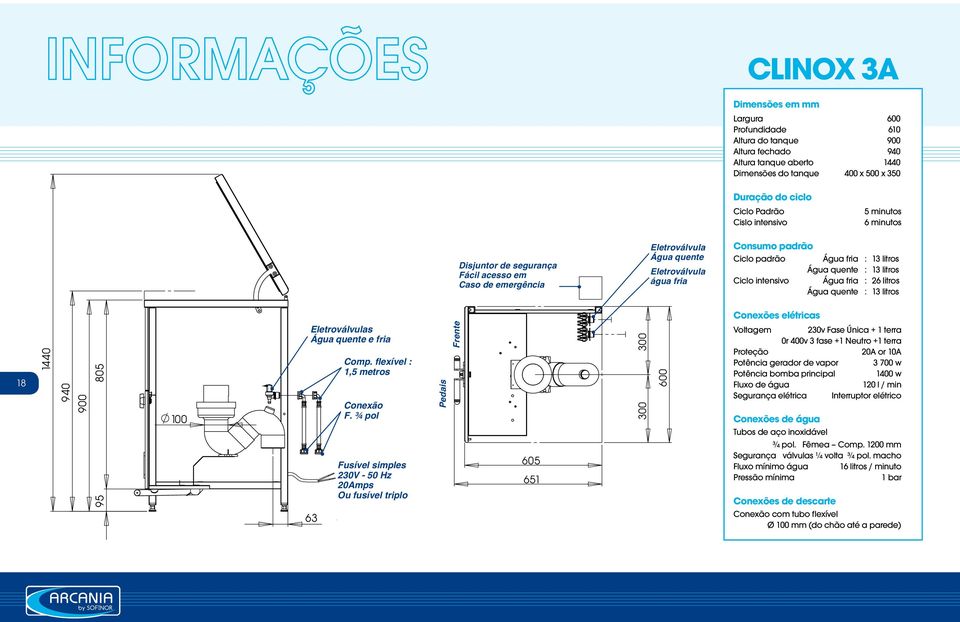 : 13 litros Ciclo intensivo Água fria : 26 litros Água quente : 13 litros 18 1440 940 900 95 805 100 Eletroválvulas Água quente e fria 63 Comp. flexível : 1,5 metros Conexão F.