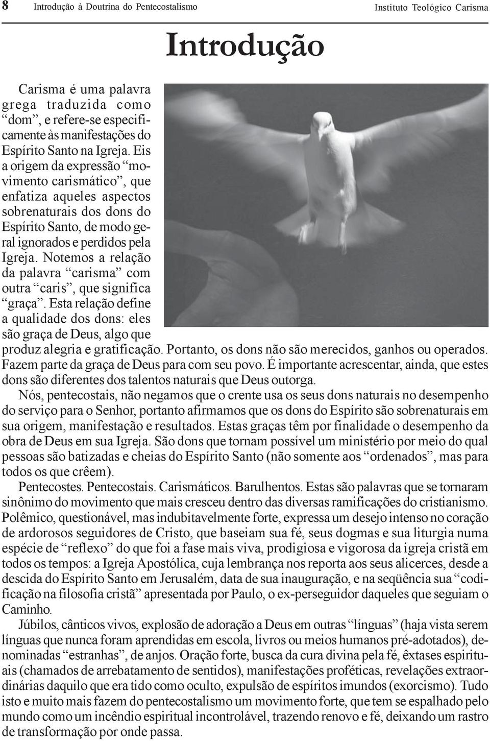 Notemos a relação da palavra carisma com outra caris, que significa graça. Esta relação define a qualidade dos dons: eles são graça de Deus, algo que produz alegria e gratificação.