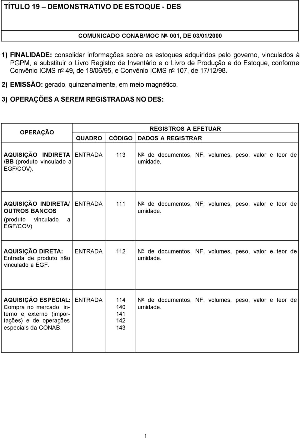 3) OPERAÇÕES A SEREM REGISTRADAS NO DES: AQUISIÇÃO INDIRETA /BB (produto vinculado a EGF/COV). ENTRADA 113 Nº de documentos, NF, volumes, peso, valor e teor de umidade.