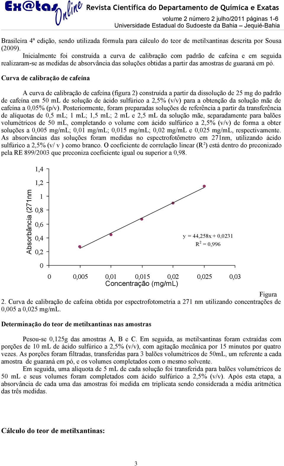 Curva de calibração de cafeína A curva de calibração de cafeína (figura 2) construída a partir da dissolução de 25 mg do padrão de cafeína em 50 ml de solução de ácido sulfúrico a 2,5% (v/v) para a