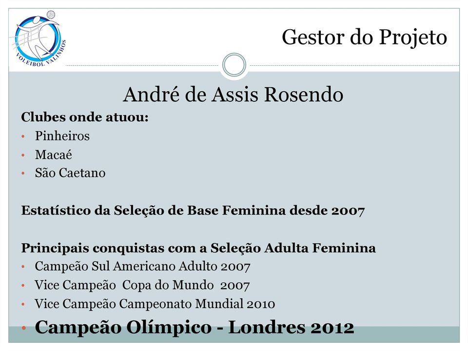 com a Seleção Adulta Feminina Campeão Sul Americano Adulto 2007 Vice Campeão Copa