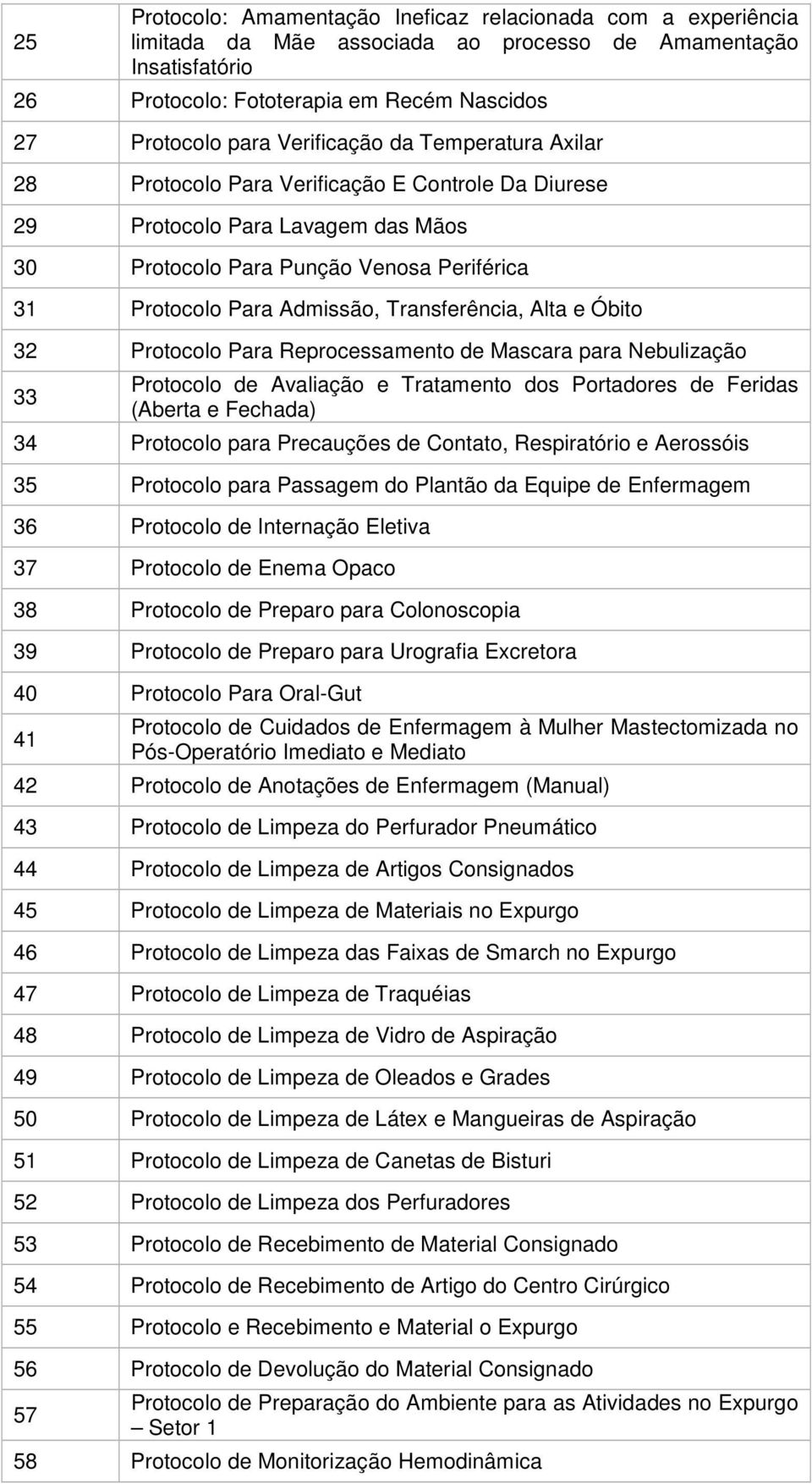 Transferência, Alta e Óbito 32 Protocolo Para Reprocessamento de Mascara para Nebulização 33 Protocolo de Avaliação e Tratamento dos Portadores de Feridas (Aberta e Fechada) 34 Protocolo para