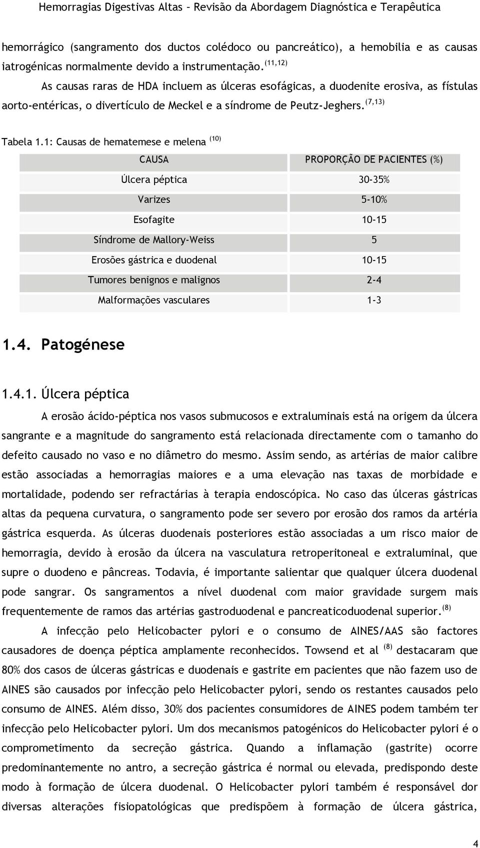 1: Causas de hematemese e melena (10) CAUSA PROPORÇÃO DE PACIENTES (%) Úlcera péptica 30-35% Varizes 5-10% Esofagite 10-15 Síndrome de Mallory-Weiss 5 Erosões gástrica e duodenal 10-15 Tumores