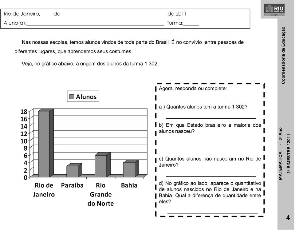 Veja, no gráfico abaixo, a origem dos alunos da turma 1 302. Agora, responda ou complete: a ) Quantos alunos tem a turma 1 302?