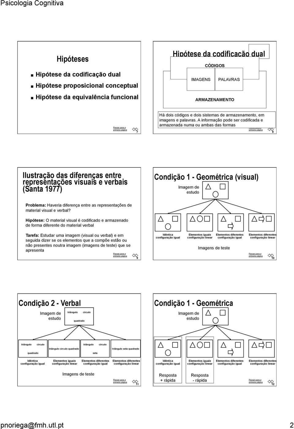 A informação pode ser codificada e armazenada numa ou ambas das formas 8 Ilustração das diferenças entre representações visuais e verbais (Santa 1977) Condição 1 - Geométrica (visual) Imagem de