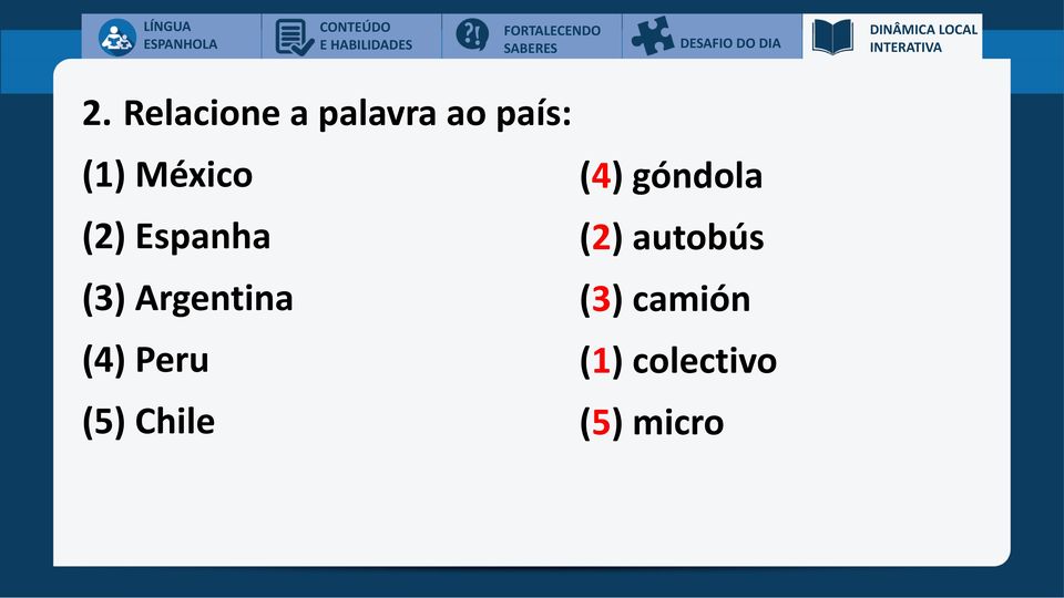 Relacione a palavra ao país: (1) México (2) Espanha (3)