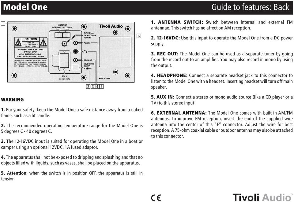 You may also record in mono by using the output. WARNING 2 3 4 5 1. For your safety, keep the Model One a safe distance away from a naked flame, such as a lit candle. 2. The recommended operating temperature range for the Model One is 5 degrees C - 40 degrees C.