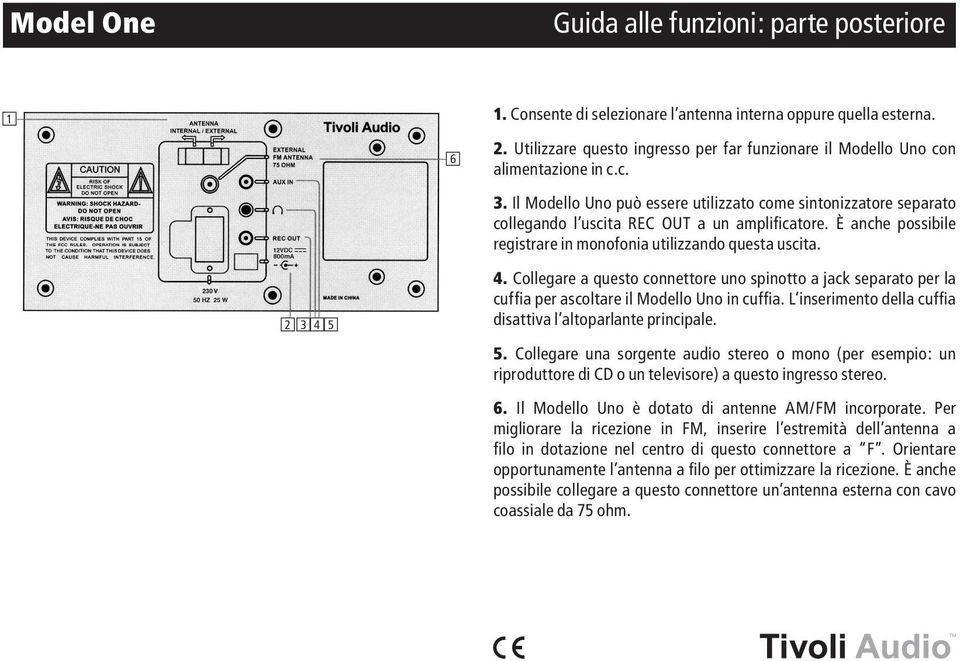 Collegare a questo connettore uno spinotto a jack separato per la cuffia per ascoltare il Modello Uno in cuffia. L inserimento della cuffia disattiva l altoparlante principale. 5.