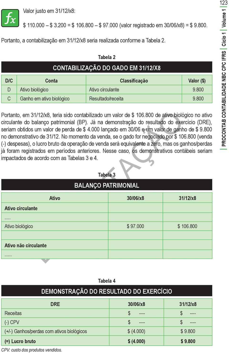 800 Portanto, em 31/12/x8, teria sido contabilizado um valor de $ 106.800 de ativo biológico no ativo circulante do balanço patrimonial (BP).