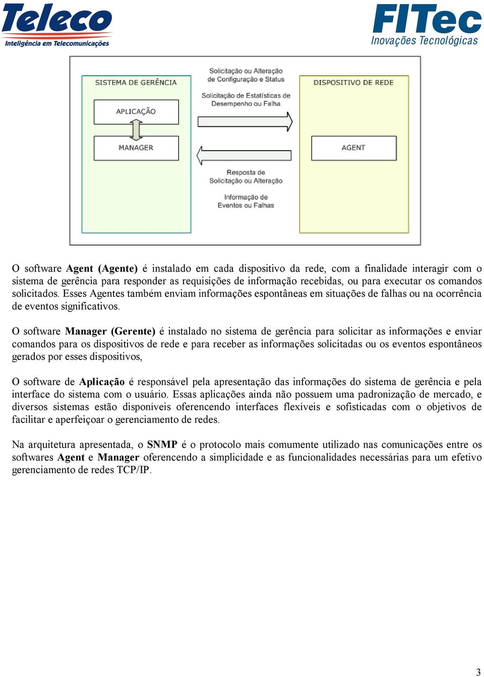 O software Manager (Gerente) é instalado no sistema de gerência para solicitar as informações e enviar comandos para os dispositivos de rede e para receber as informações solicitadas ou os eventos