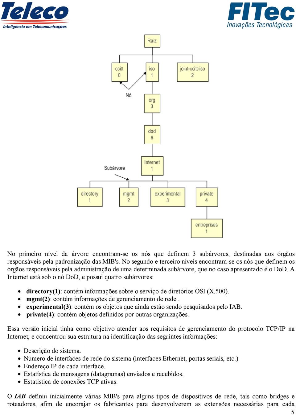 A Internet está sob o nó DoD, e possui quatro subárvores: directory(1): contém informações sobre o serviço de diretórios OSI (X.500). mgmt(2): contém informações de gerenciamento de rede.