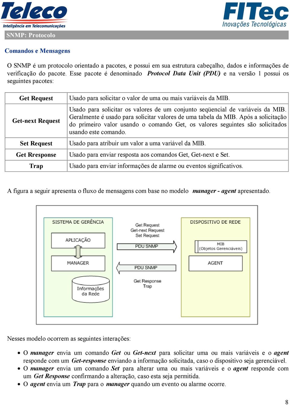 variáveis da MIB. Usado para solicitar os valores de um conjunto seqüencial de variáveis da MIB. Geralmente é usado para solicitar valores de uma tabela da MIB.