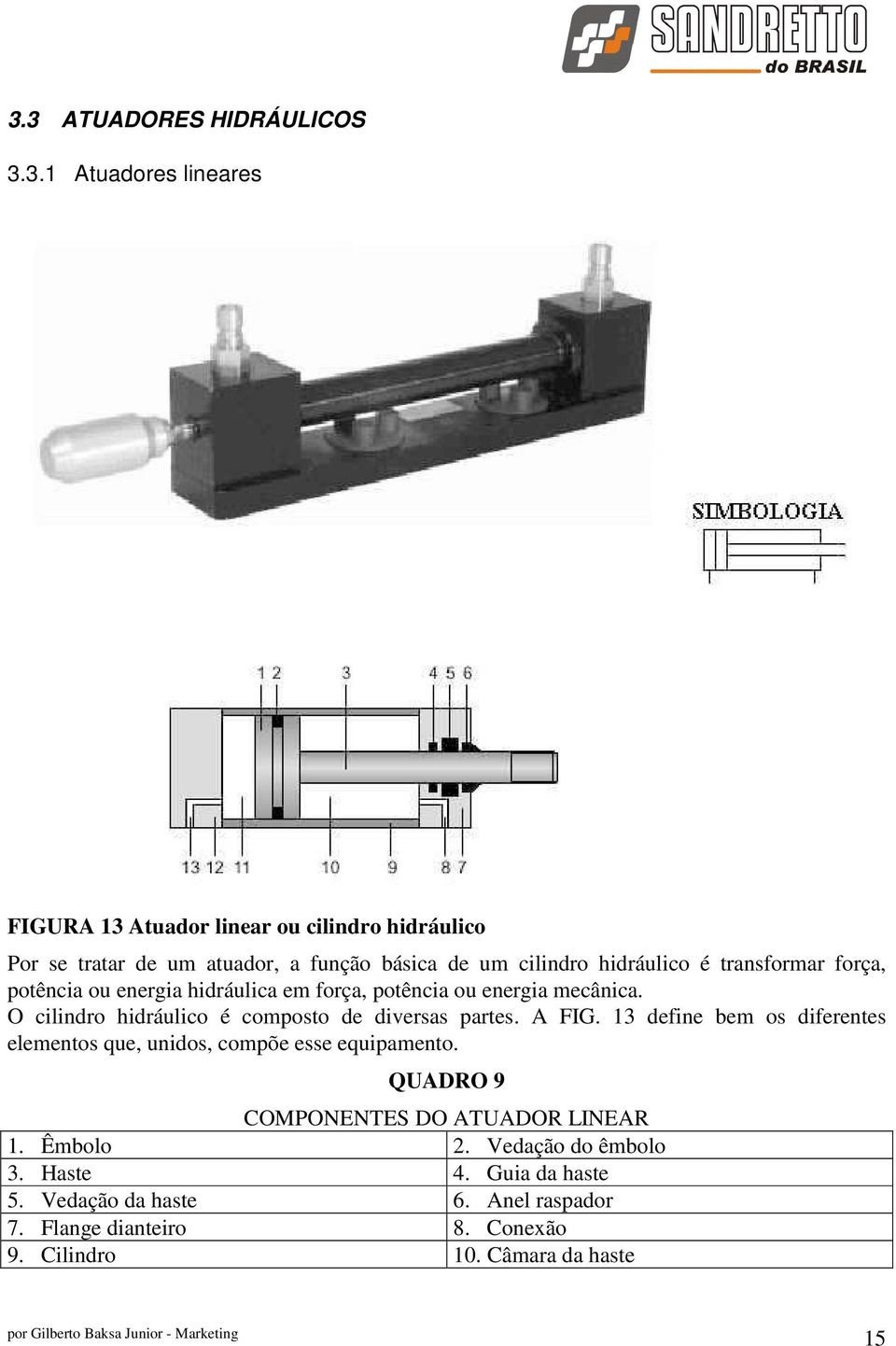 O cilindro hidráulico é composto de diversas partes. A FIG. 13 define bem os diferentes elementos que, unidos, compõe esse equipamento.