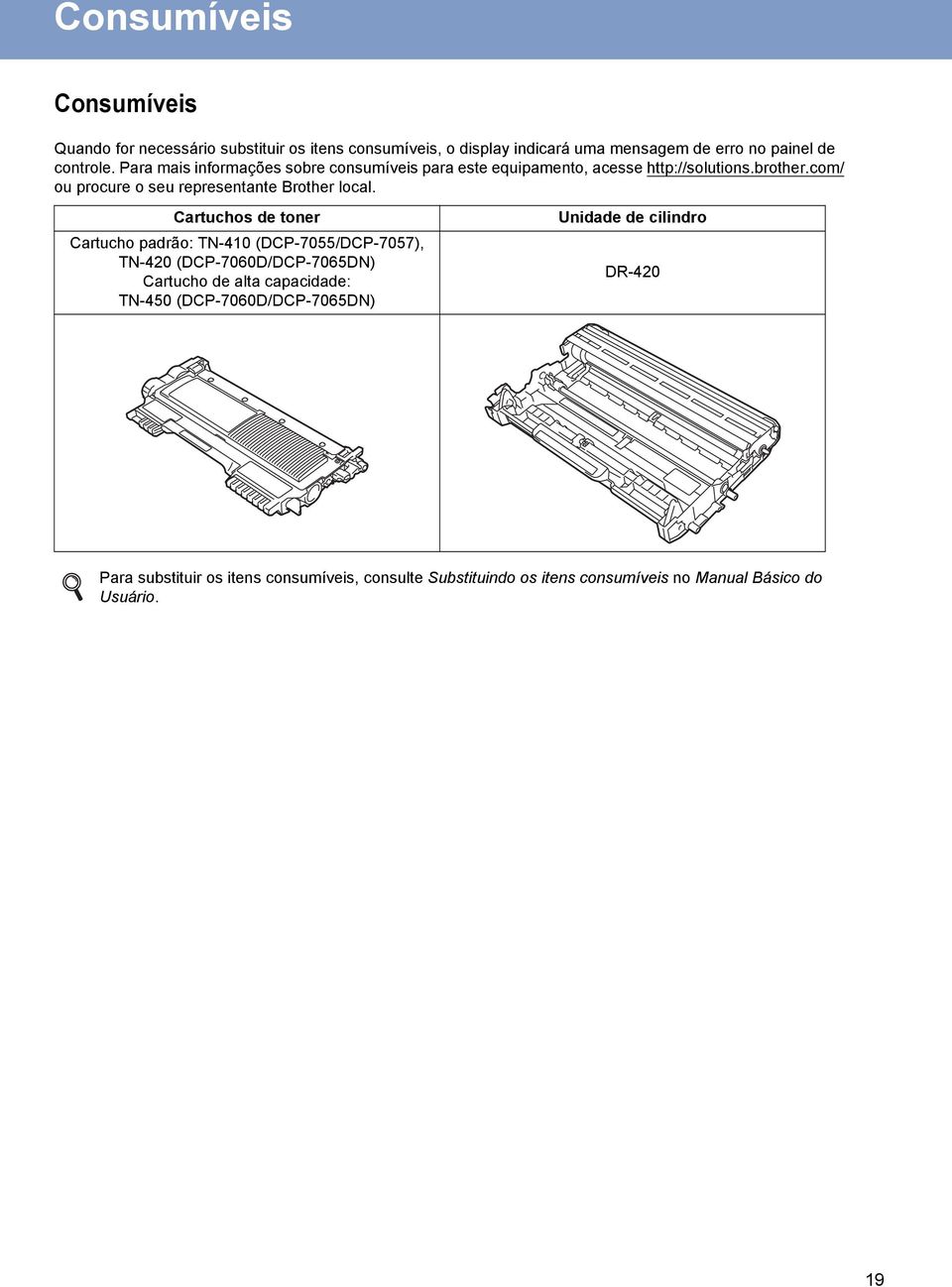 Crtuhos e toner Crtuho prão: TN-410 (DCP-7055/DCP-7057), TN-420 (DCP-7060D/DCP-7065DN) Crtuho e lt pie: TN-450