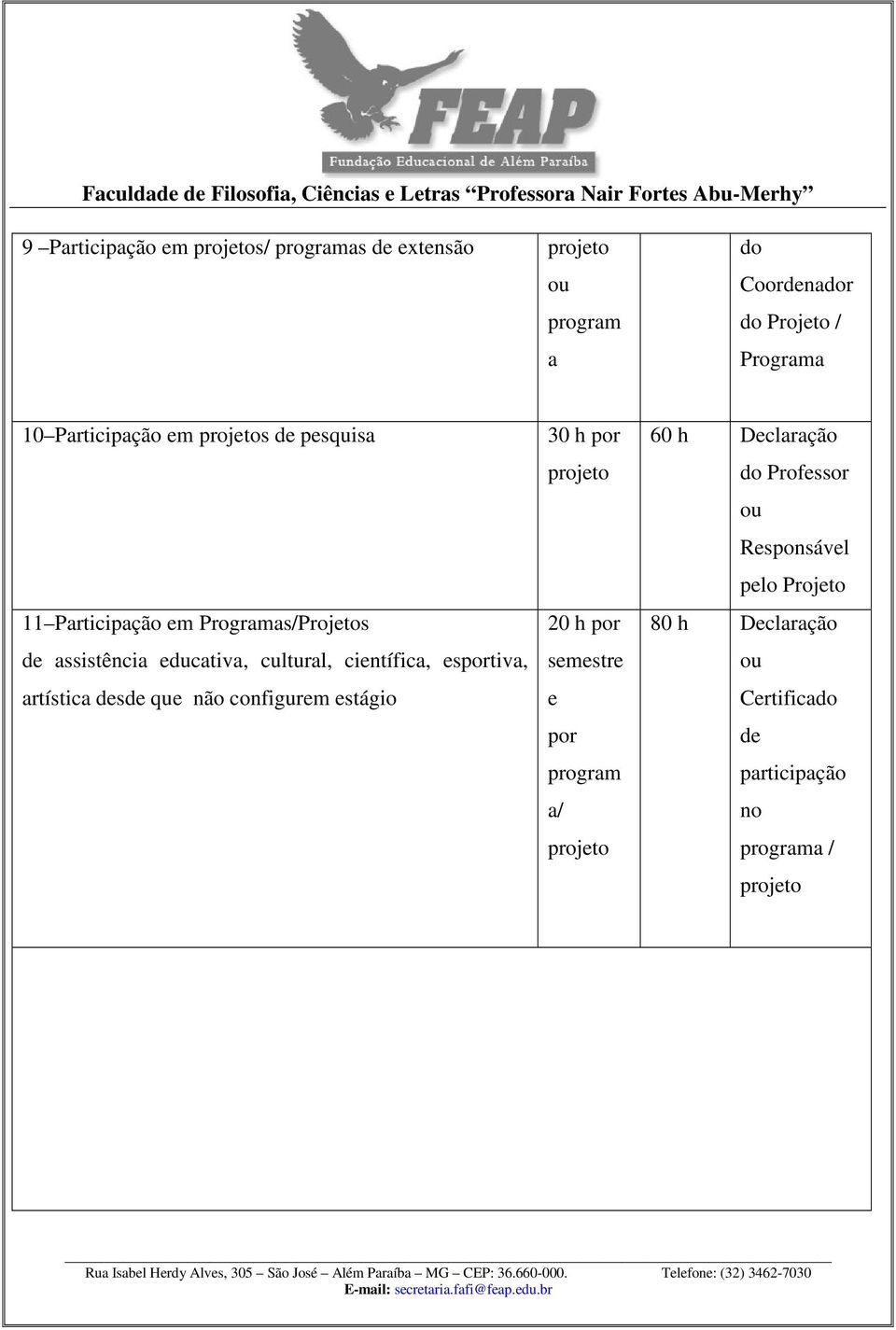 científica, esportiva, artística desde que não configurem estágio 30 h por projeto 20 h por semestre e por program a/