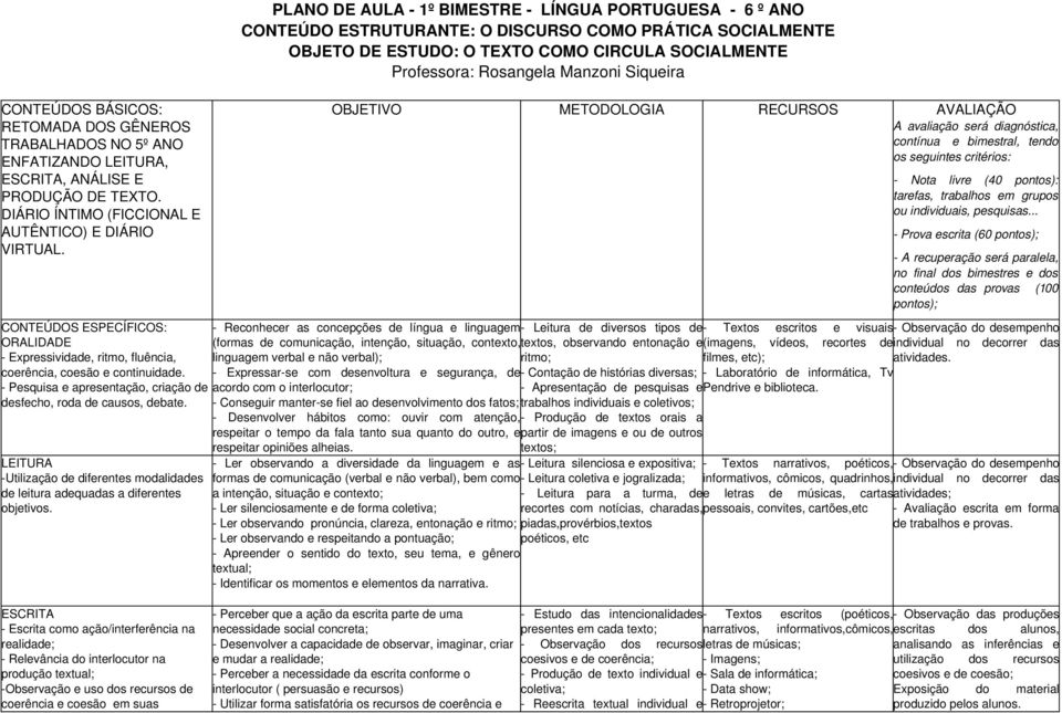 contínua e bimestral, tendo os seguintes critérios: CONTEÚDOS ESPECÍFICOS: Expressividade, ritmo, fluência, coerência, coesão e continuidade.