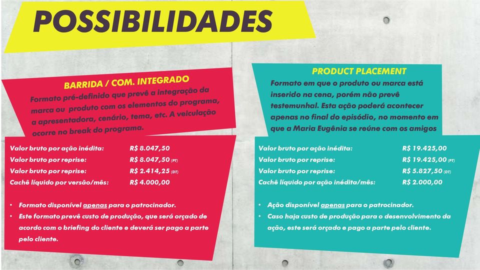 047,50 (PT) Valor bruto por reprise: R$ 2.414,25 (DT) Cachê líquido por versão/mês: R$ 4.000,00 Valor bruto por ação inédita: R$ 19.425,00 Valor bruto por reprise: R$ 19.