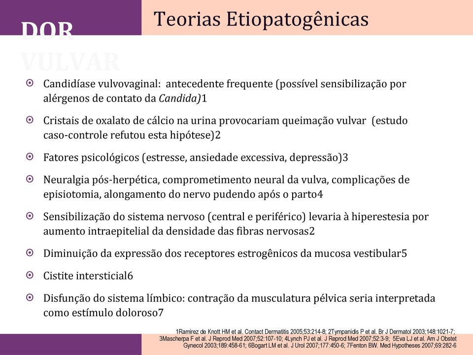 episiotomia, alongamento do nervo pudendo após o parto4 Sensibilização do sistema nervoso (central e periférico) levaria à hiperestesia por aumento intraepitelial da densidade das fibras nervosas2