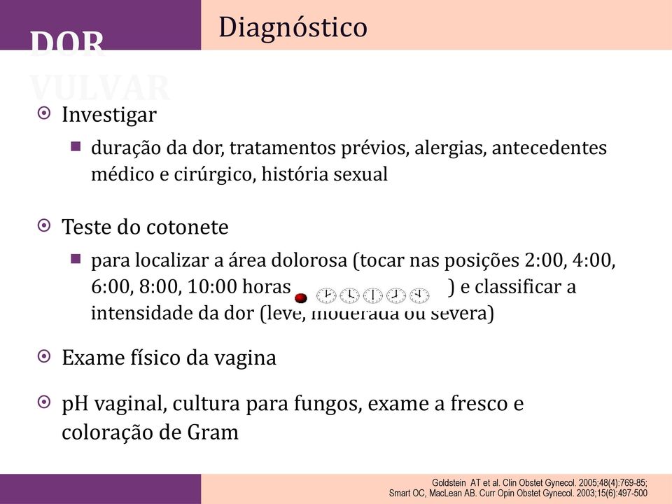 intensidade da dor (leve, moderada ou severa) Exame físico da vagina ph vaginal, cultura para fungos, exame a fresco e