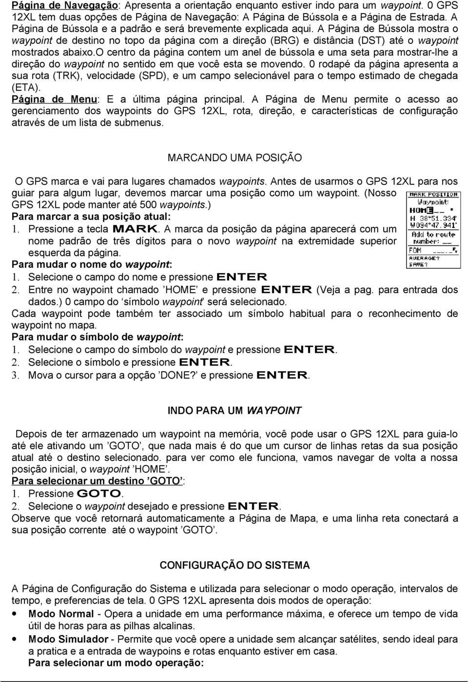 A Página de Bússola mostra o waypoint de destino no topo da página com a direção (BRG) e distância (DST) até o waypoint mostrados abaixo.