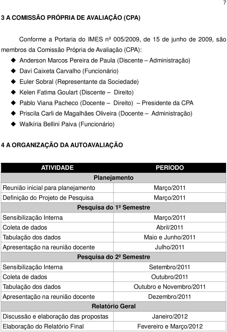 Priscila Carli de Magalhães Oliveira (Docente Administração) Walkíria Bellini Paiva (Funcionário) 4 A ORGANIZAÇÃO DA AUTOAVALIAÇÃO ATIVIDADE PERÍODO Planejamento Reunião inicial para planejamento