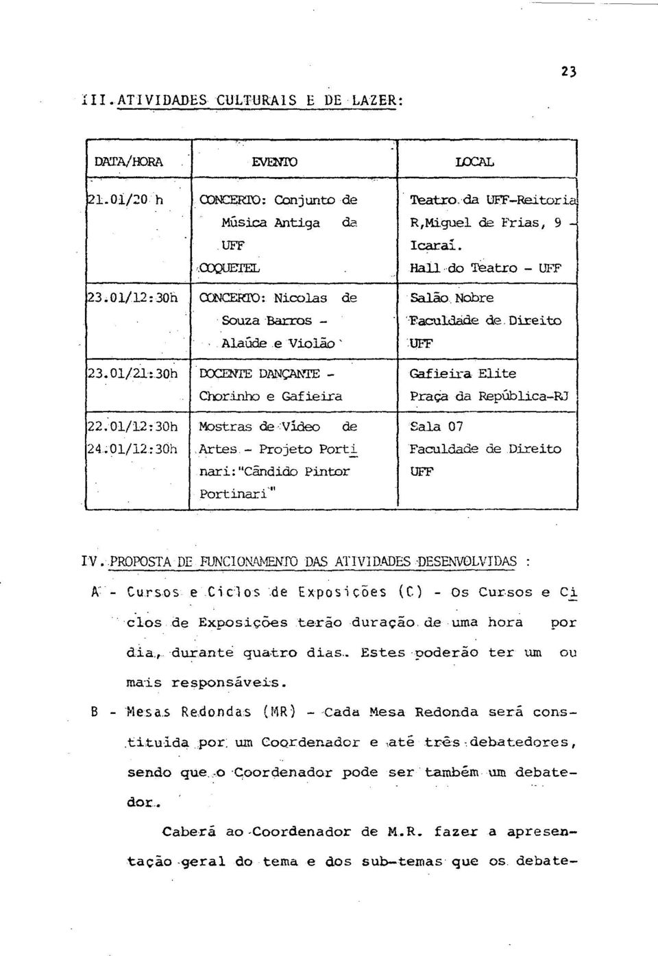 1, Sala Nobre Taculdade de.direito IIFF 23.01/21:30h DCCENTE DAKANTE - Chorinho e Gafieira nafieira Elite Praga da Republica-RJ 22.