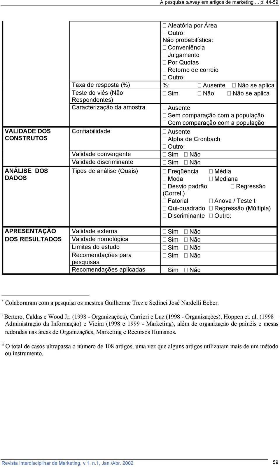 Validade convergente Sim Não Validade discriminante Sim Não Tipos de análise (Quais) Freqüência Média Moda Mediana Desvio padrão Regressão (Correl.