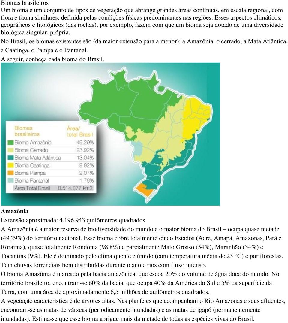 No Brasil, os biomas existentes são (da maior extensão para a menor): a Amazônia, o cerrado, a Mata Atlântica, a Caatinga, o Pampa e o Pantanal. A seguir, conheça cada bioma do Brasil.