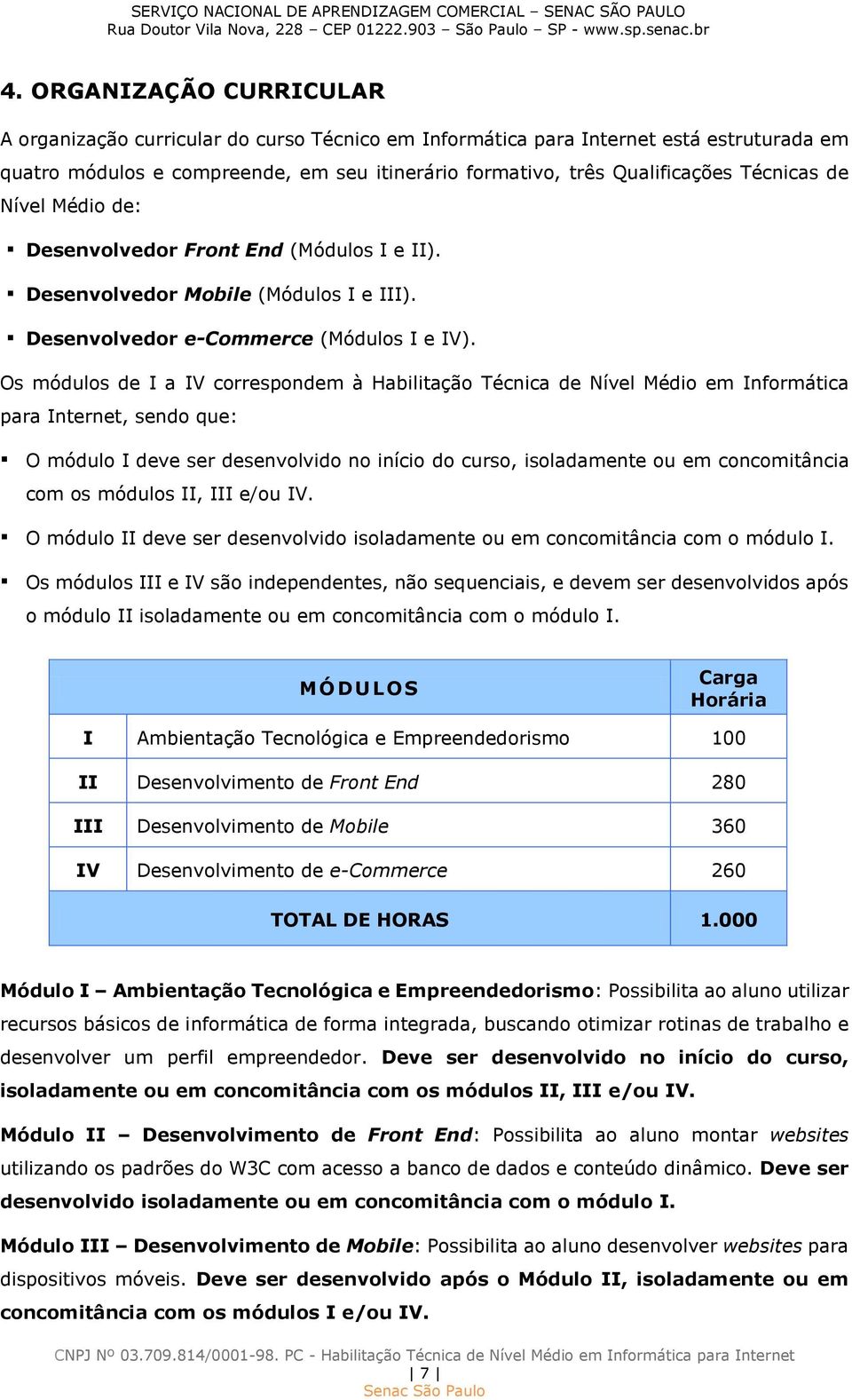 Os módulos de I a IV correspondem à Habilitação Técnica de Nível Médio em Informática para Internet, sendo que: O módulo I deve ser desenvolvido no início do curso, isoladamente ou em concomitância