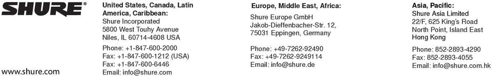 +1-847-600-2000 Fax: +1-847-600-1212 (USA) Fax: +1-847-600-6446 Email: info@shure.