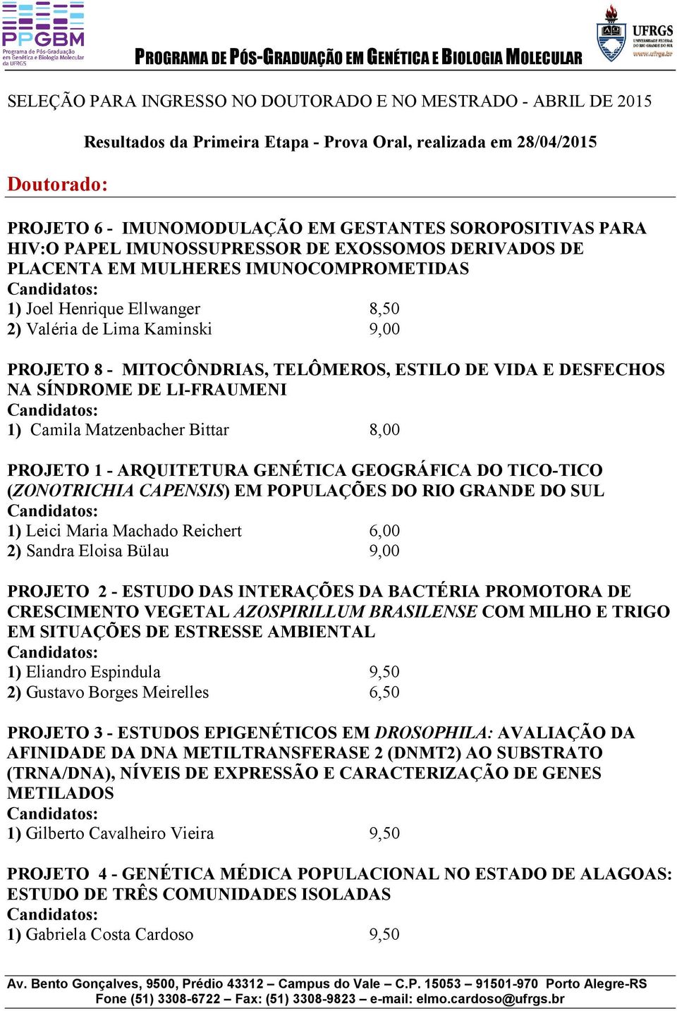 VIDA E DESFECHOS NA SÍNDROME DE LI-FRAUMENI 1) Camila Matzenbacher Bittar 8,00 PROJETO 1 - ARQUITETURA GENÉTICA GEOGRÁFICA DO TICO-TICO (ZONOTRICHIA CAPENSIS) EM POPULAÇÕES DO RIO GRANDE DO SUL 1)