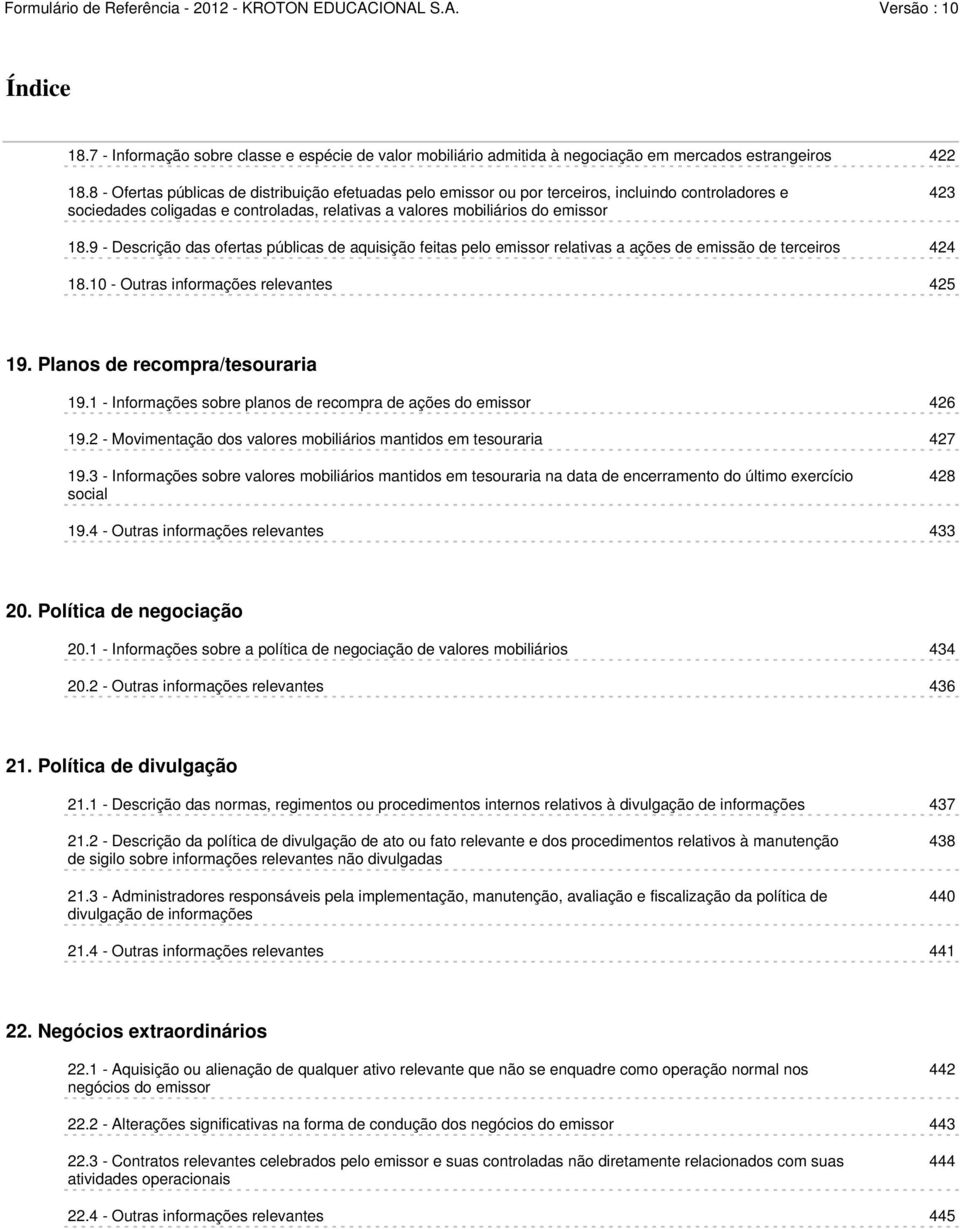 9 - Descrição das ofertas públicas de aquisição feitas pelo emissor relativas a ações de emissão de terceiros 424 18.10 - Outras informações relevantes 425 19. Planos de recompra/tesouraria 19.