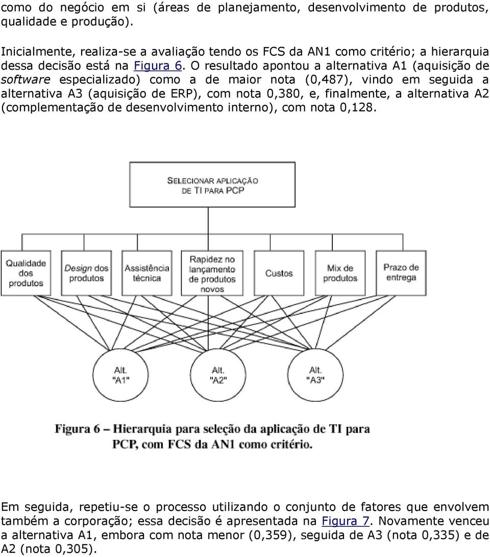 O resultado apontou a alternativa A1 (aquisição de software especializado) como a de maior nota (0,487), vindo em seguida a alternativa A3 (aquisição de ERP), com nota 0,380, e,