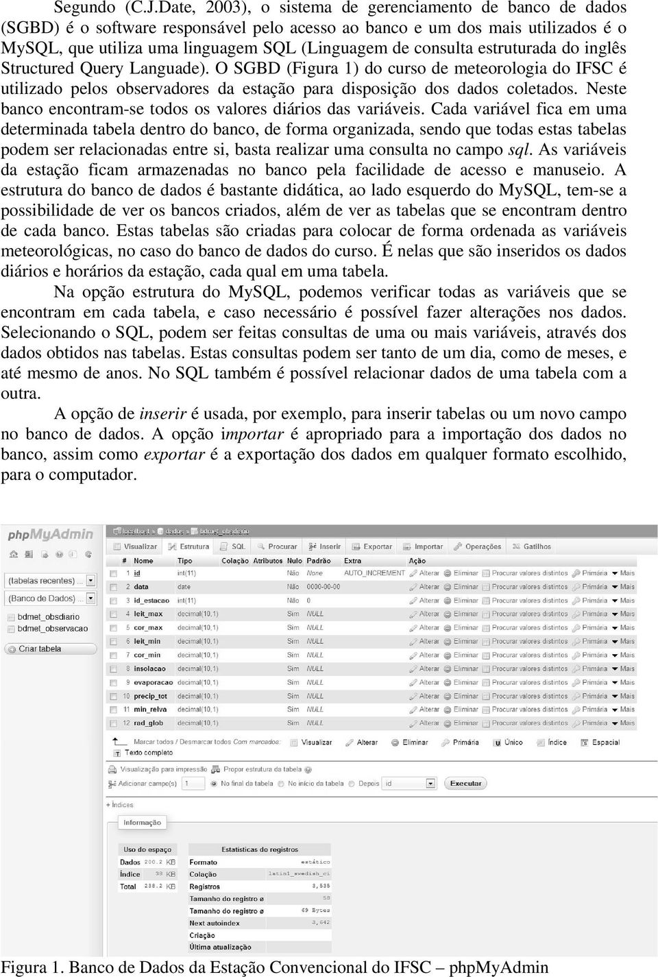 estruturada do inglês Structured Query Languade). O SGBD (Figura 1) do curso de meteorologia do IFSC é utilizado pelos observadores da estação para disposição dos dados coletados.