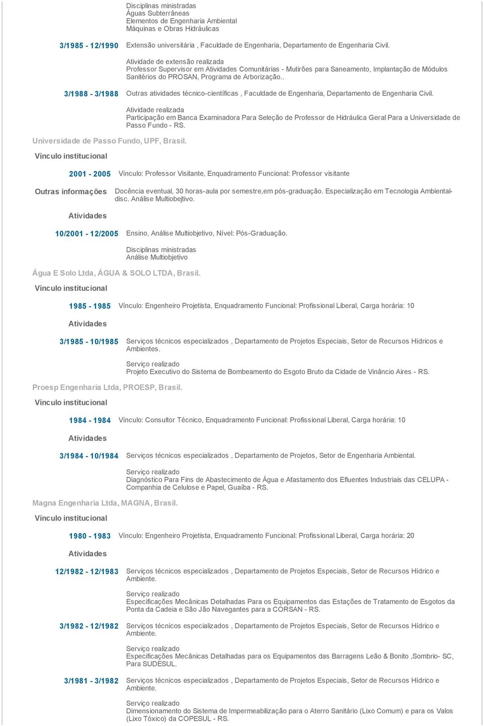 . 3/1988-3/1988 Outras atividades técnico-científicas, Faculdade de Engenharia, Departamento de Engenharia Civil. Universidade de Passo Fundo, UPF, Brasil.