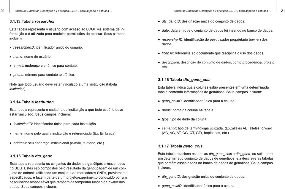 Seus campos incluem: ³ researcherid: identificador único do usuário. ³ name: nome do usuário. ³ e-mail: endereço eletrônico para contato. ³ phone: número para contato telefônico.