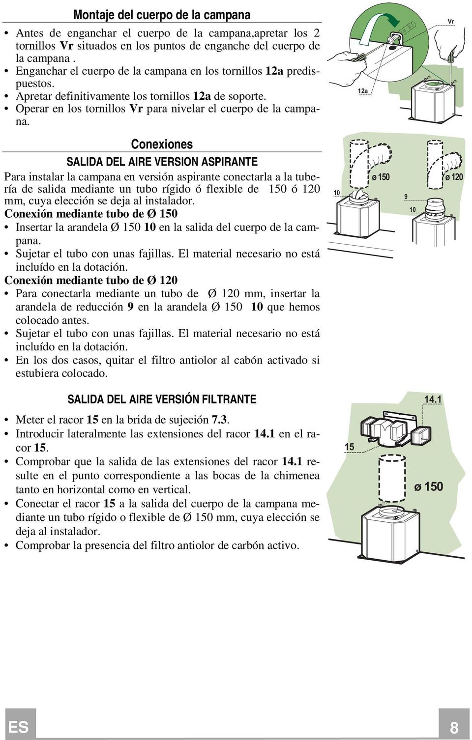 12a Vr Conexiones SALIDA DEL AIRE VERSION ASPIRANTE Para instalar la campana en versión aspirante conectarla a la tubería de salida mediante un tubo rígido ó flexible de 150 ó 120 mm, cuya elección