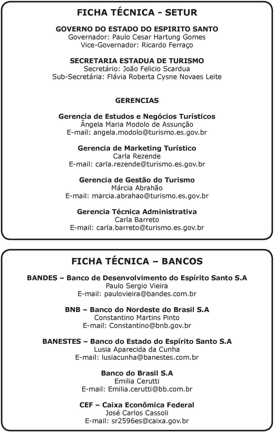 br Gerencia de Marketing Turístico Carla Rezende E-mail: carla.rezende@turismo.es.gov.br Gerencia de Gestão do Turismo Márcia Abrahão E-mail: marcia.abrahao@turismo.es.gov.br Gerencia Técnica Administrativa Carla Barreto E-mail: carla.