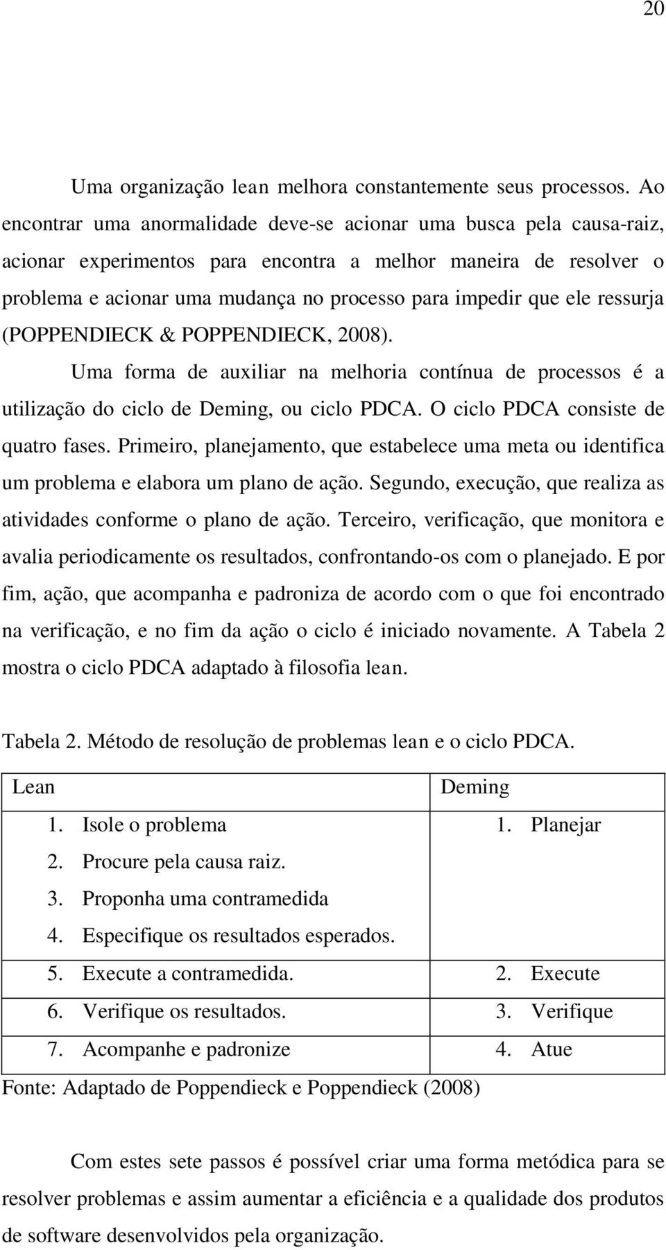 ele ressurja (POPPENDIECK & POPPENDIECK, 2008). Uma forma de auxiliar na melhoria contínua de processos é a utilização do ciclo de Deming, ou ciclo PDCA. O ciclo PDCA consiste de quatro fases.