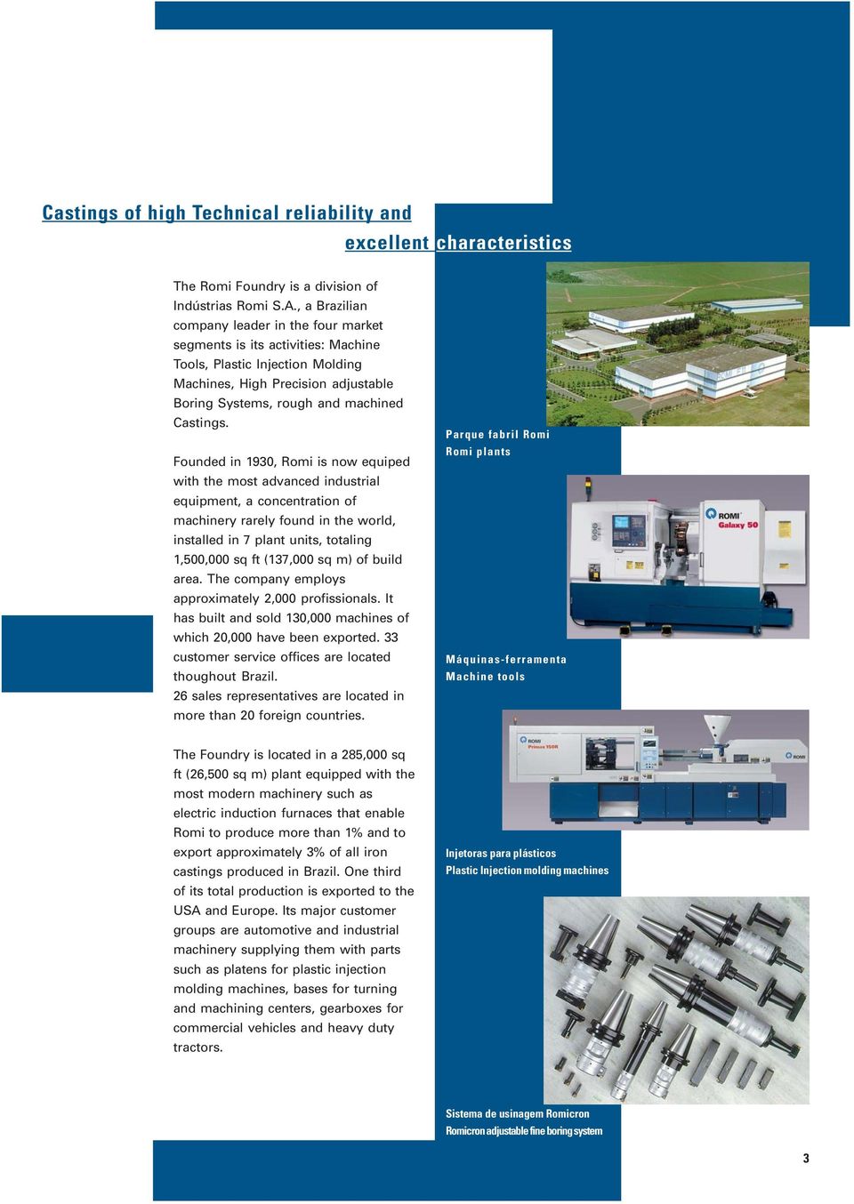 Founded in 1930, Romi is now equiped with the most advanced industrial equipment, a concentration of machinery rarely found in the world, installed in 7 plant units, totaling 1,500,000 sq ft (137,000